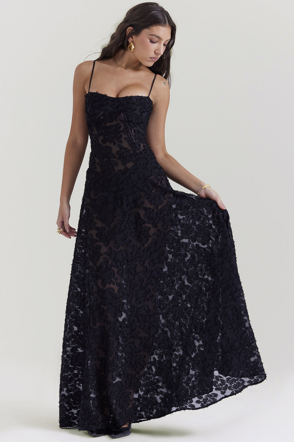 Women's Sling Backless Dress Chiffon Embroidered Square Evening Dresses