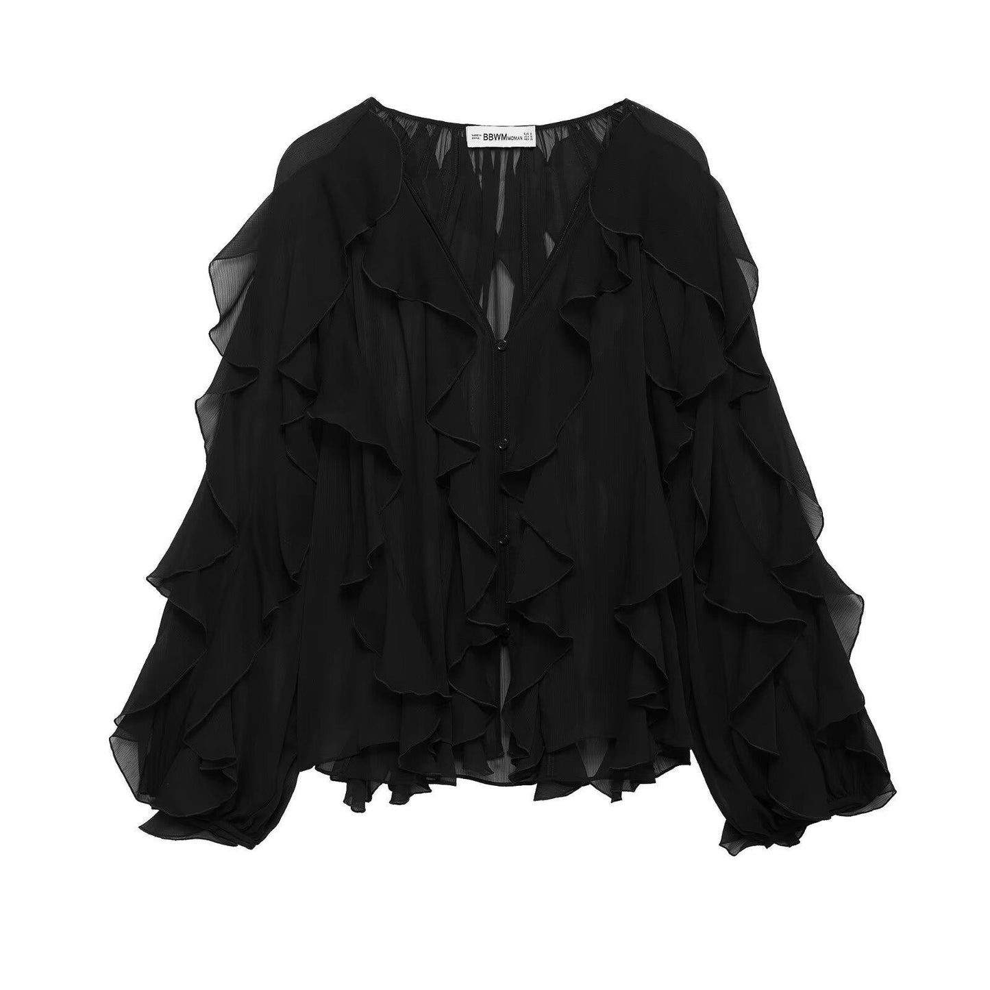 Women's Ruffled Shirt Long Sleeve Black Apricot Solid Blouses