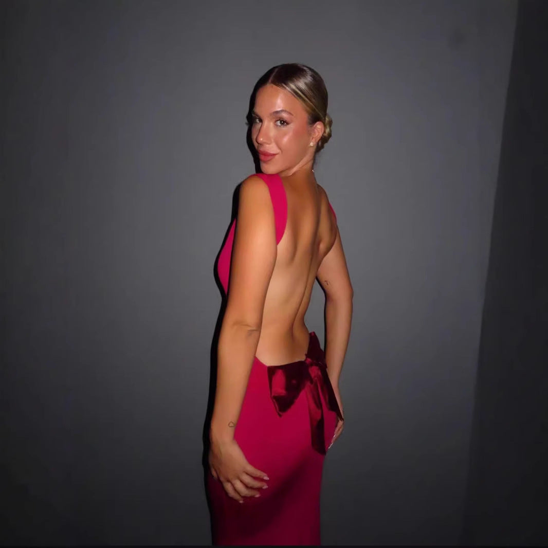 Women's Sexy Big Backless Dress Hot Bow Dresses