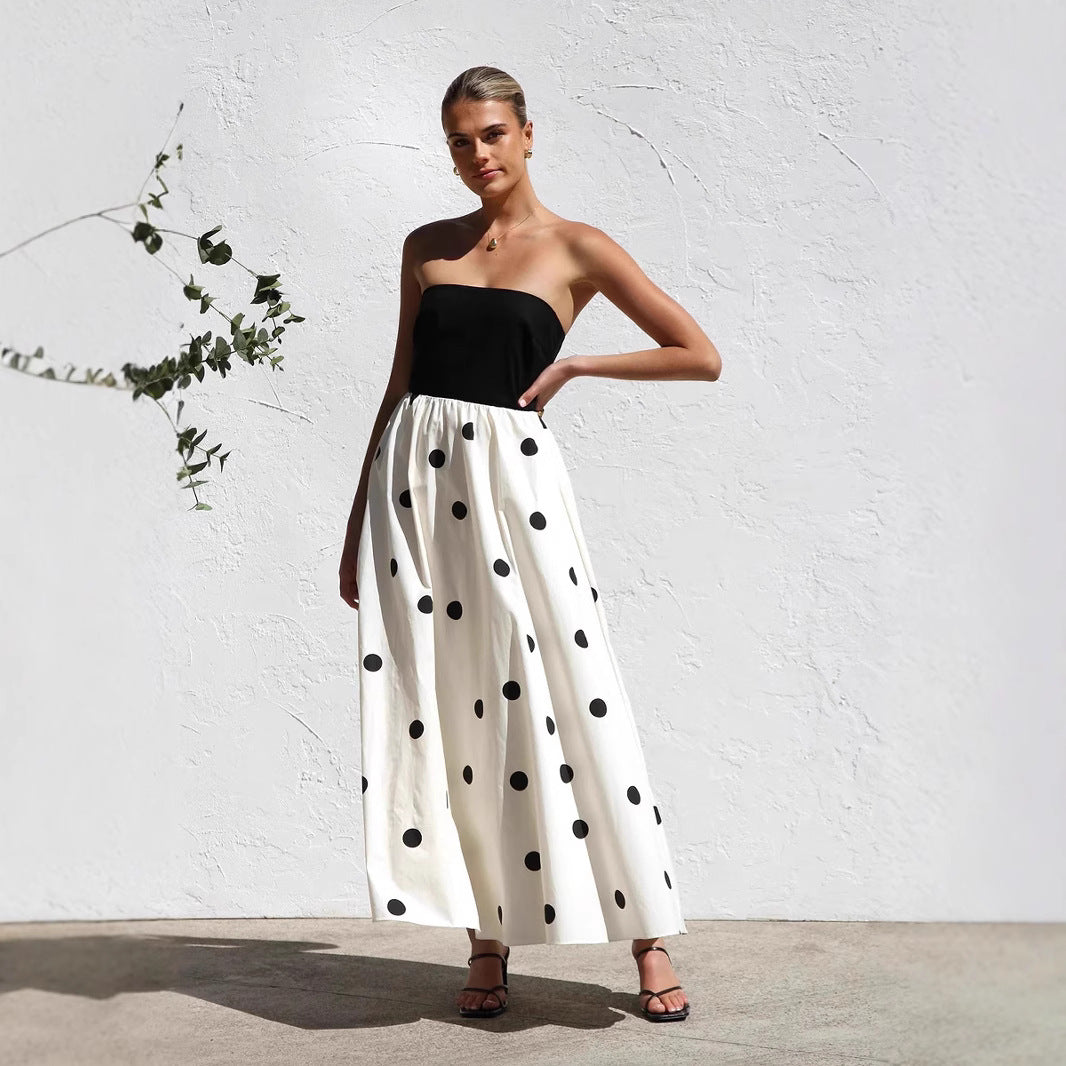 Polka Dot Print Stitching Wrapped Chest Dresses