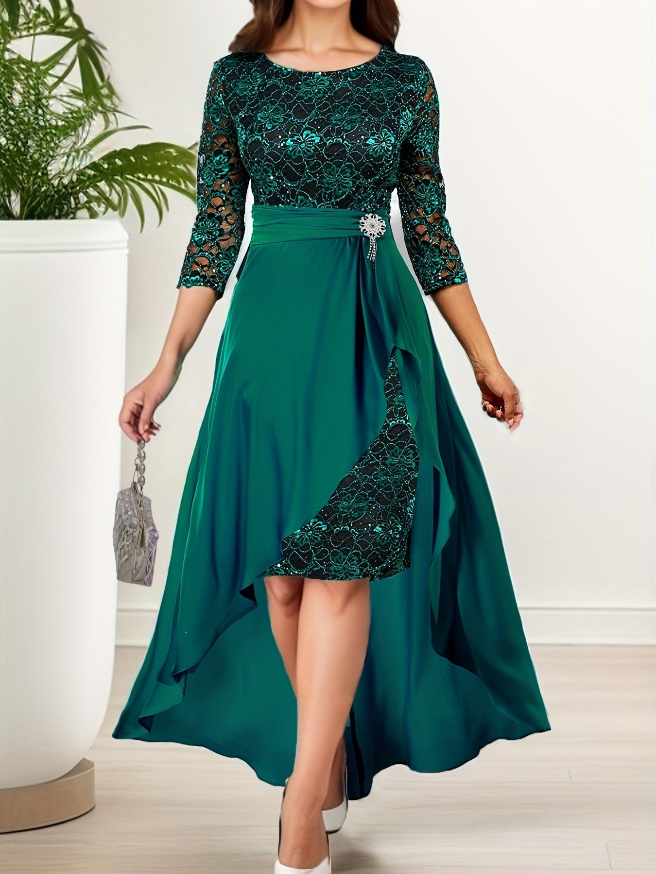 Women's Lace Detachable Chiffon Irregular Hem Dress Dresses