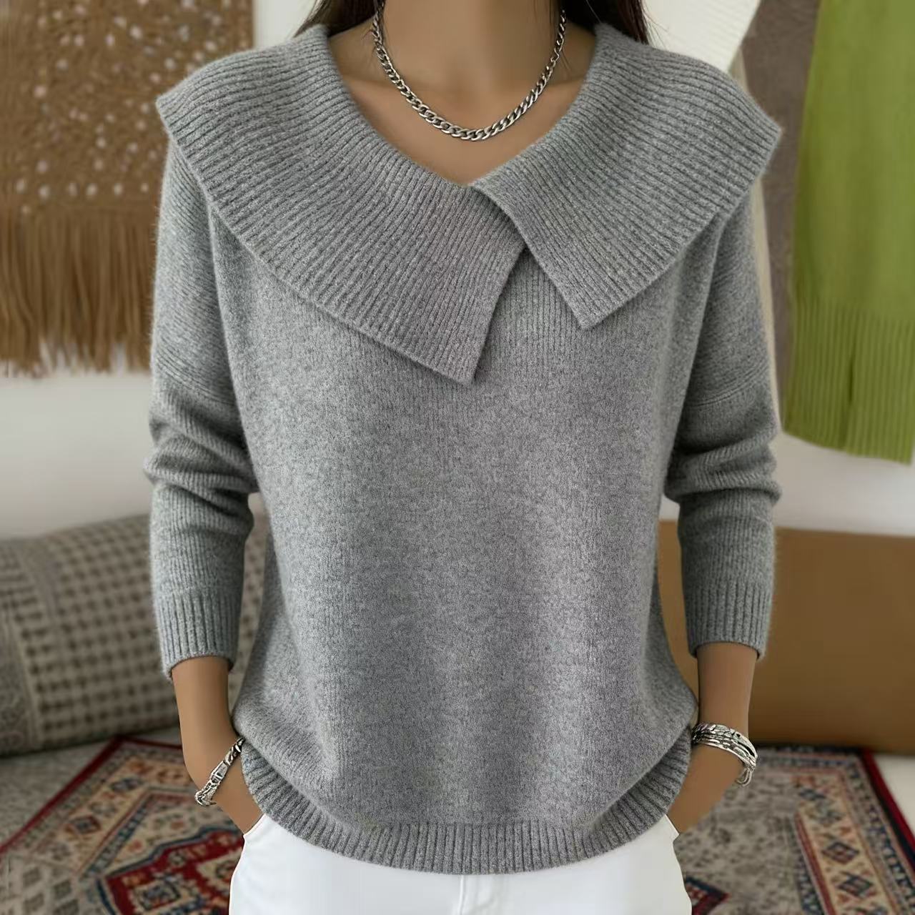 Fashionable Korean Style Retro Cute Temperament Slimming Lapel Versatile Knitted Women's Sweater