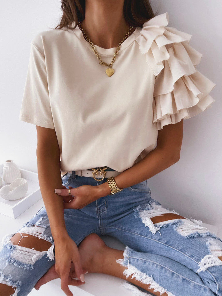 Women's Summer Simple Fashion Ruffles Sleeve Round Blouses