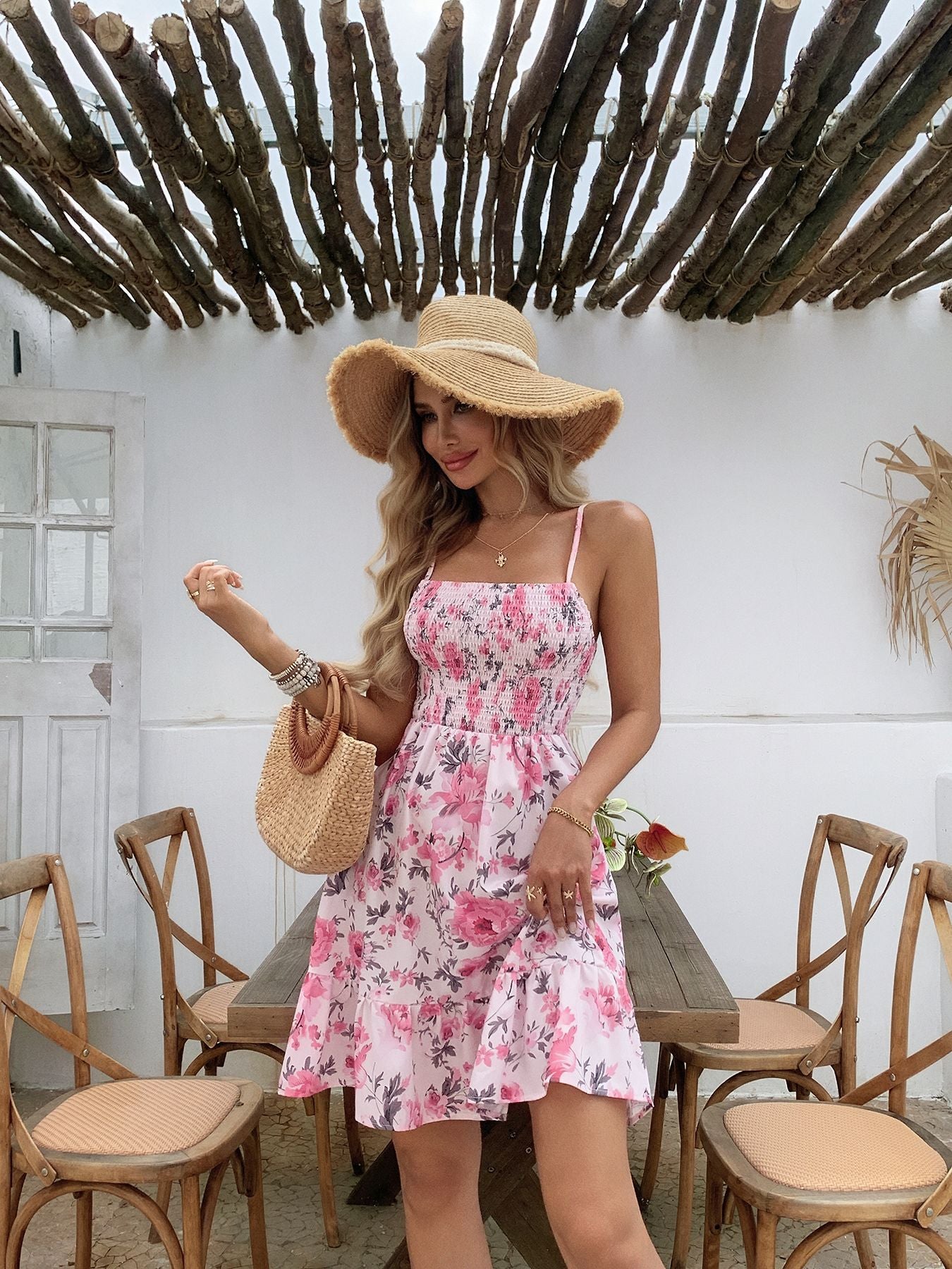 Floral Tight Waist Strap Beach Vacation Dress