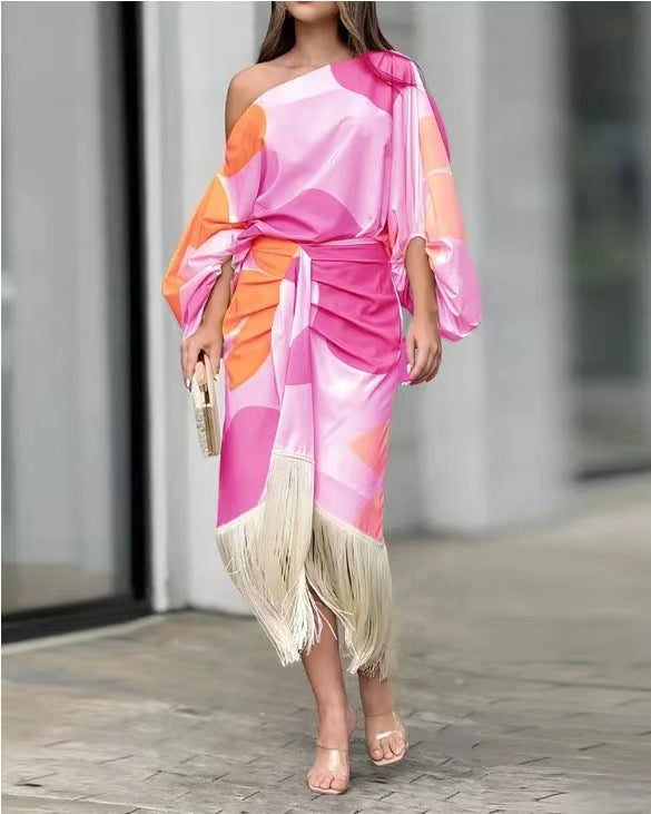 Summer Printed Lantern Sleeve Loose Tassel Tops