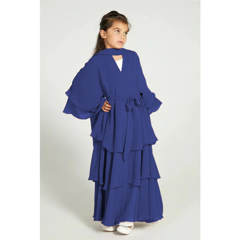Children's Stitching Solid Color Waist Chiffon Elegant Long Dresses