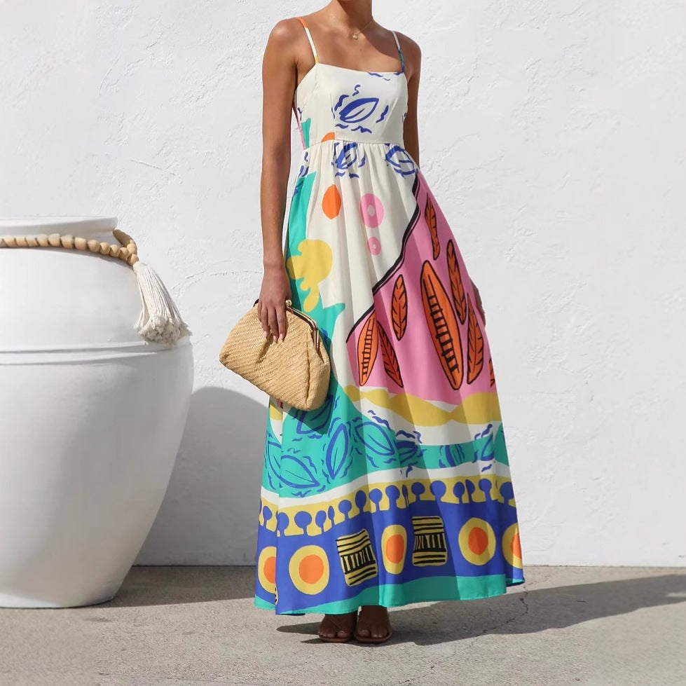 Summer Vacation Style Printing Slip Beach Dress