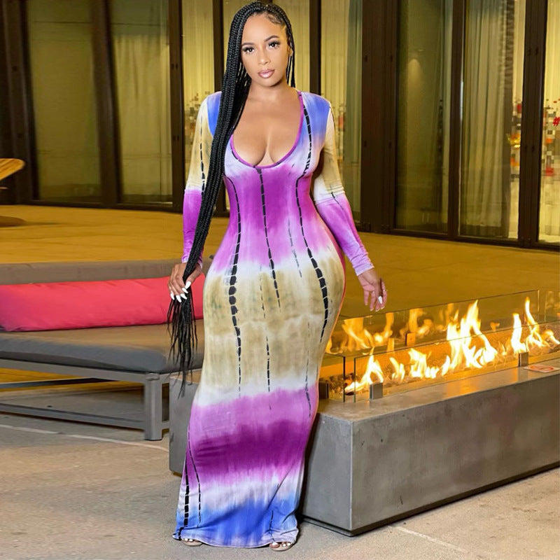 Women's Large-sized Printed Long Sleeve Close-fitting Sexy Dress