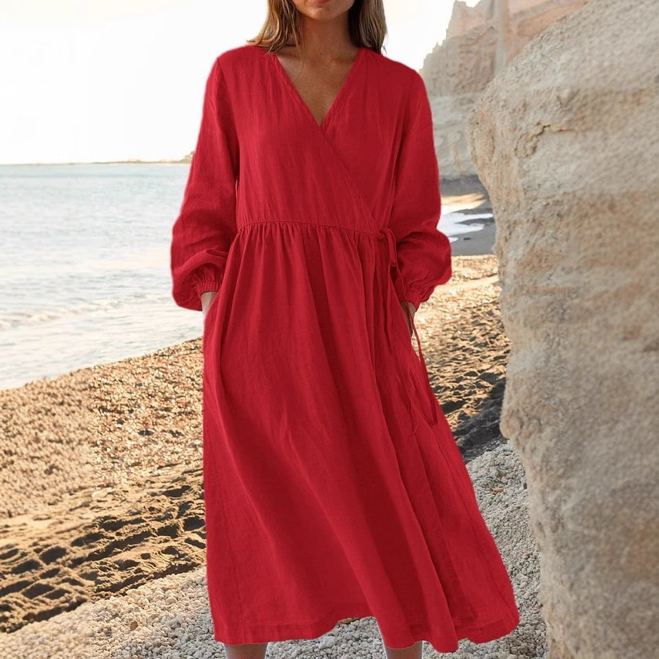 Solid Color Loose High Waist Cotton Dress