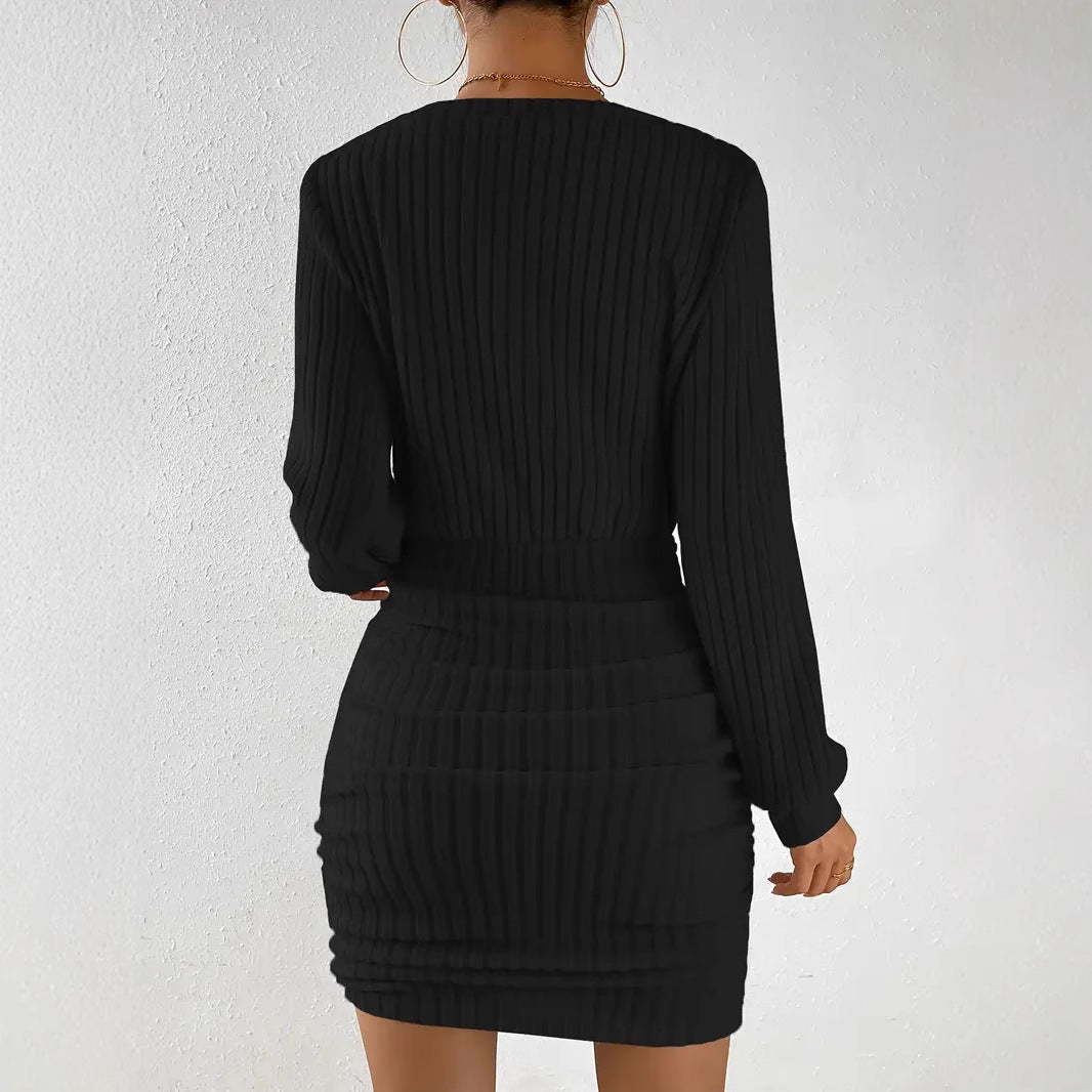 Women's Brushed Sunken Stripe Long-sleeved Waist Sheath Dress