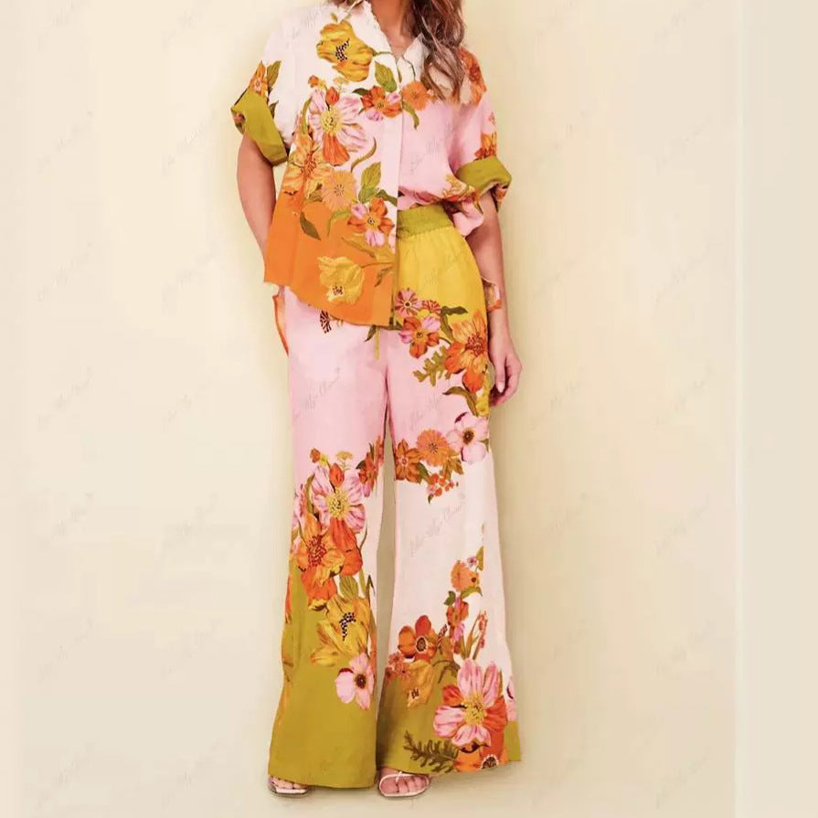 Women's Floral Print Sleeve Color Matching Tether Trousers Fashion Casual Suit