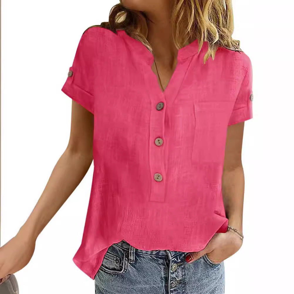 Women's Summer Retro Patchwork Cotton Linen Shirt Shorts