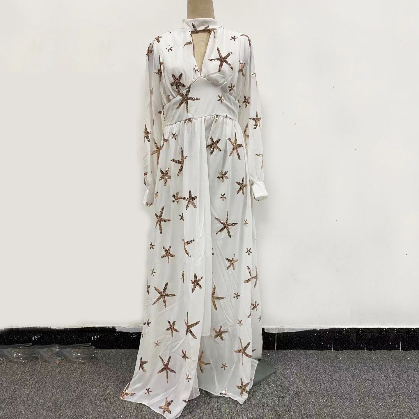 Sequined Slit Lantern Sleeve Formal Swing Dresses