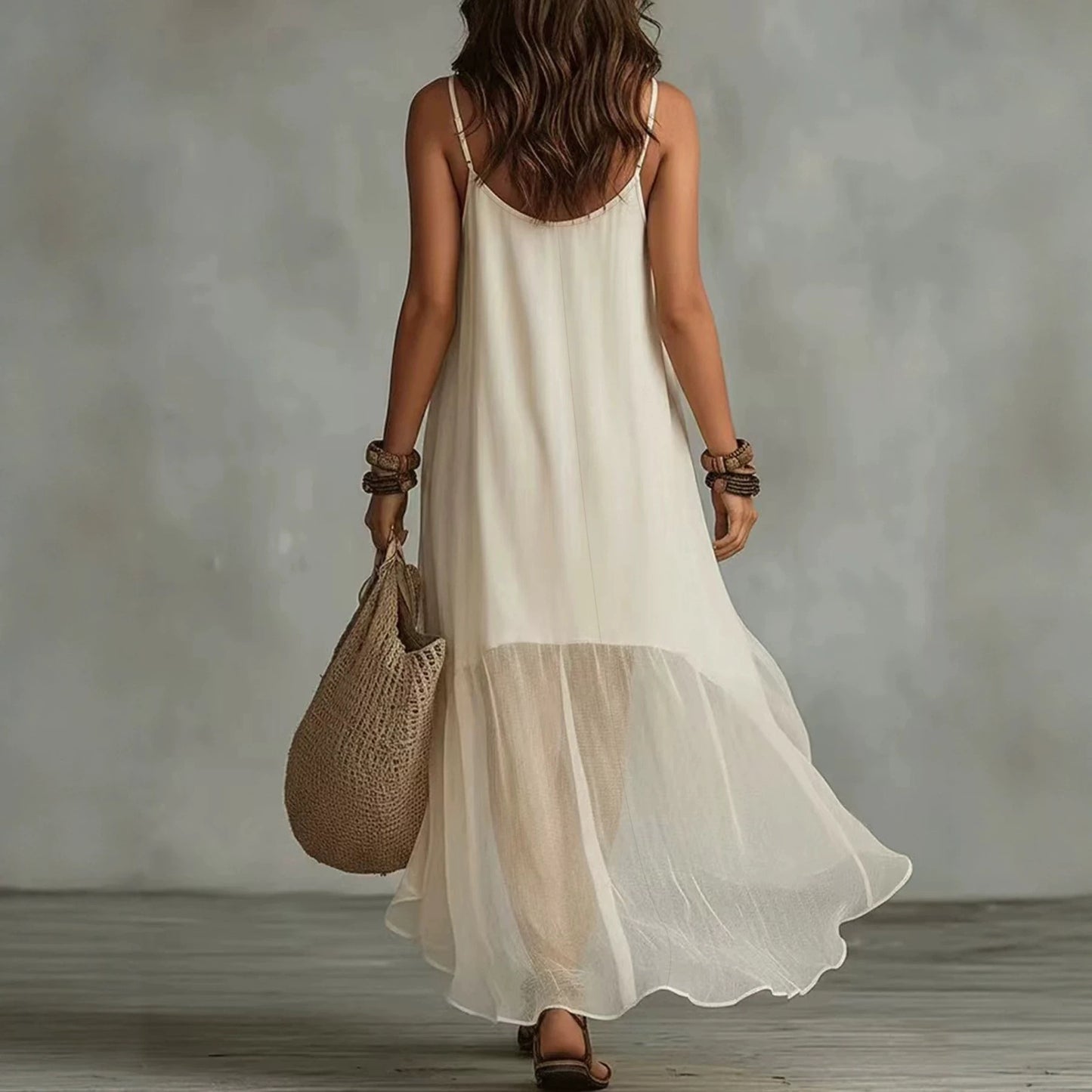 Hours Solid Color Sling Summer Casual Light Thin Mid-length Dress