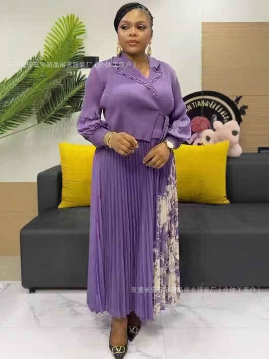 African Elegant Pleated Print Long Sleeve Suits