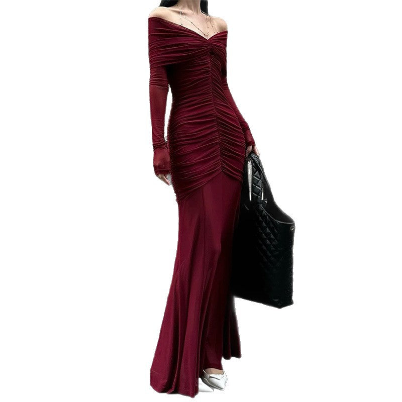 Women's Autumn Elegant Pleated Red Dress Dresses