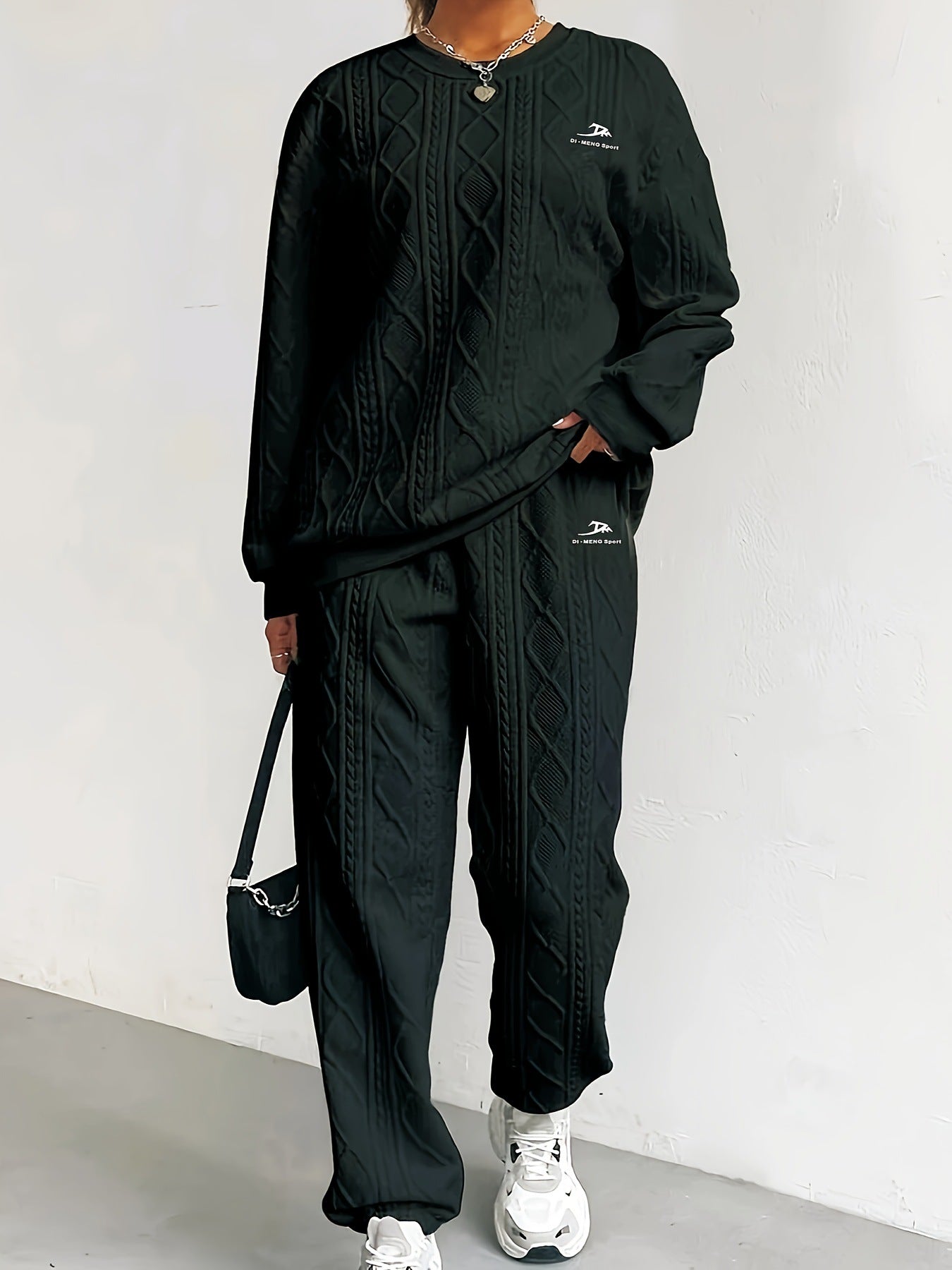 Women's Twist Stitching Long Sleeve Round Neck Trousers Two-piece Fashion Casual Suit