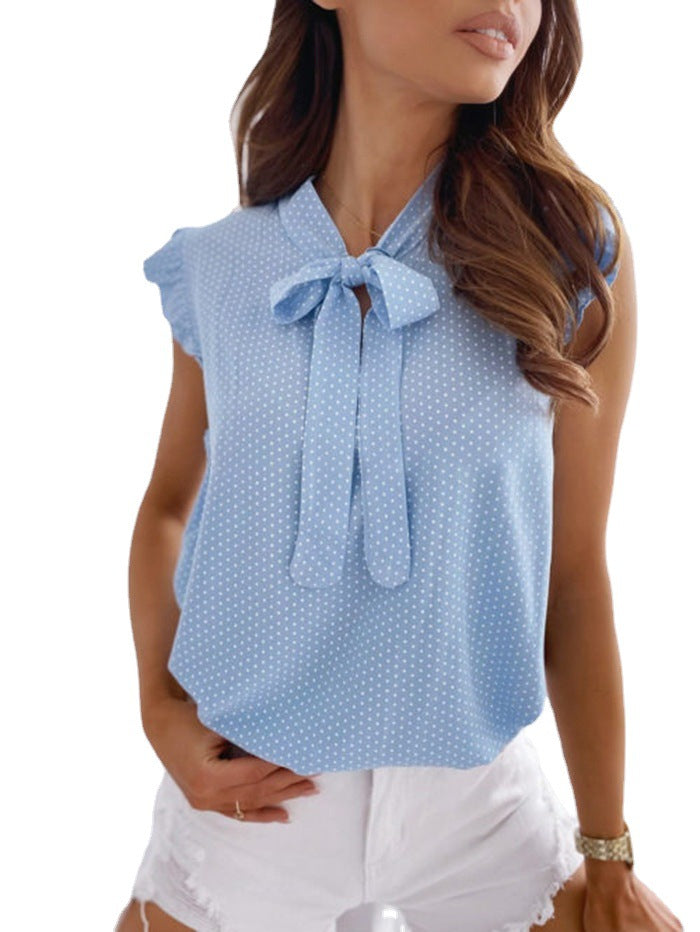 Women's Polka Dot Bow Collar Sleeveless Shirt Blouses