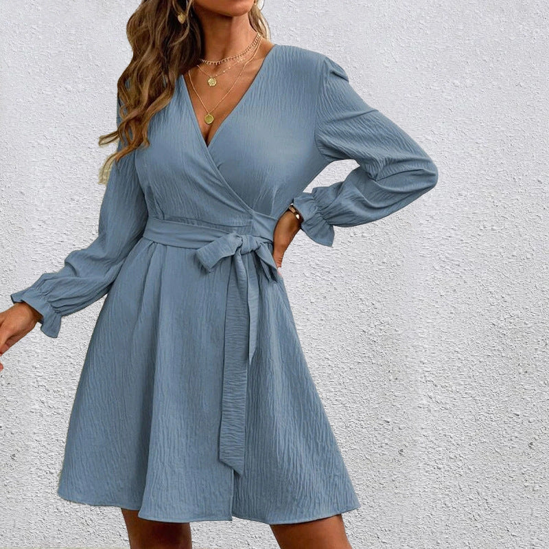 Solid Color Slit Collar Drawstring Lantern Dress