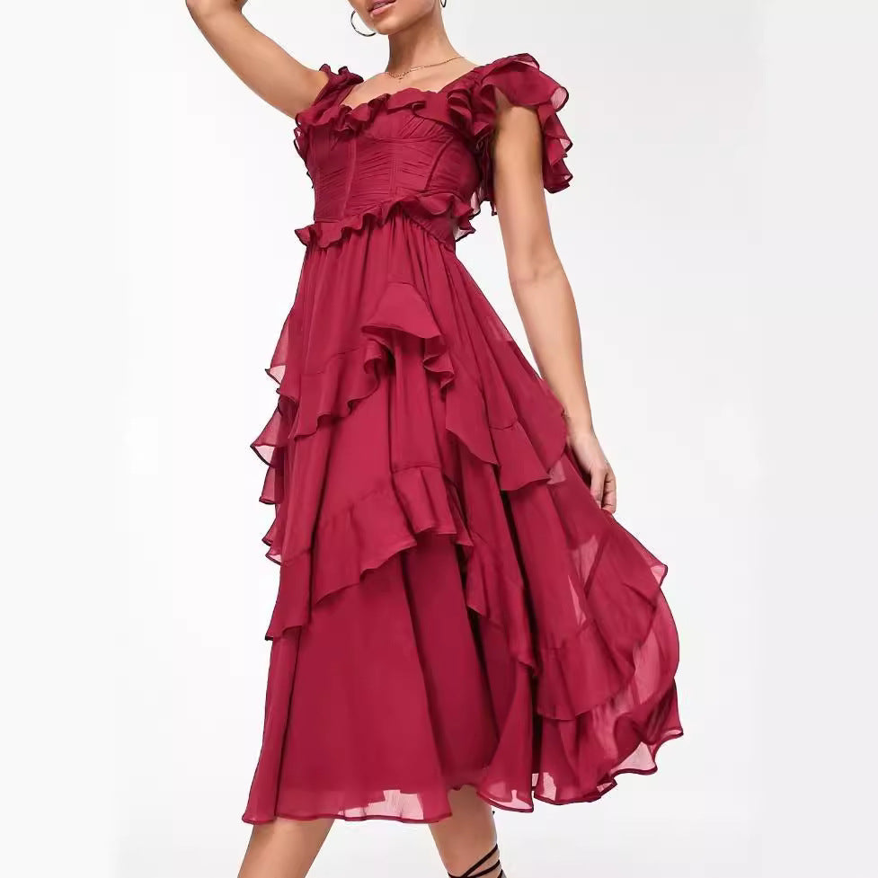 Holiday Lace Backless Cake Ruffled Pleated Dress