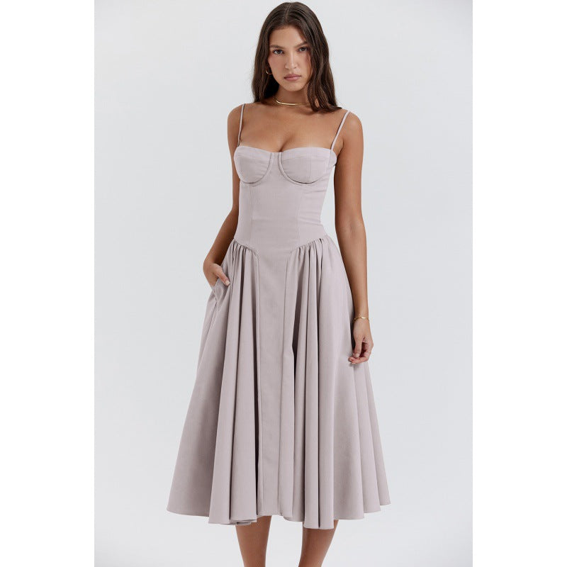 Women's Elegant Palace Style Sexy Low-cut Suspender Large Swing Dress