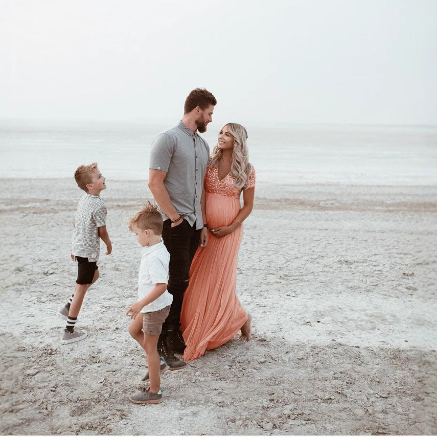 Women's Mesh Pregnant Floating Solid Color Sleeve Dresses