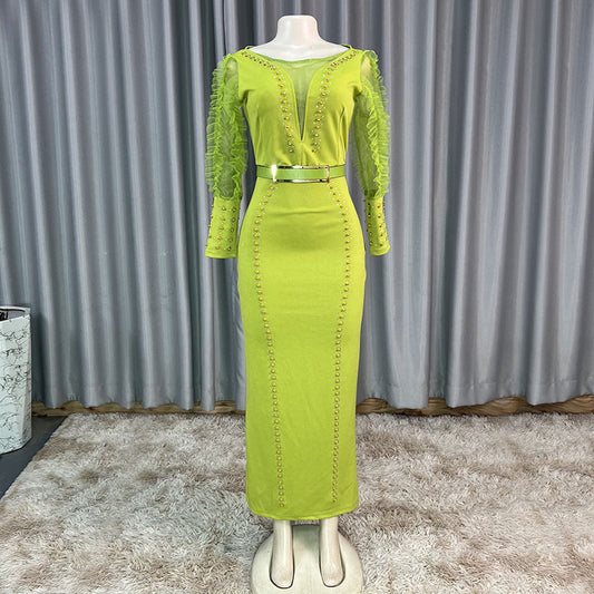 Women's Rhinestone Beaded Puff Sleeve Long Slim Dresses