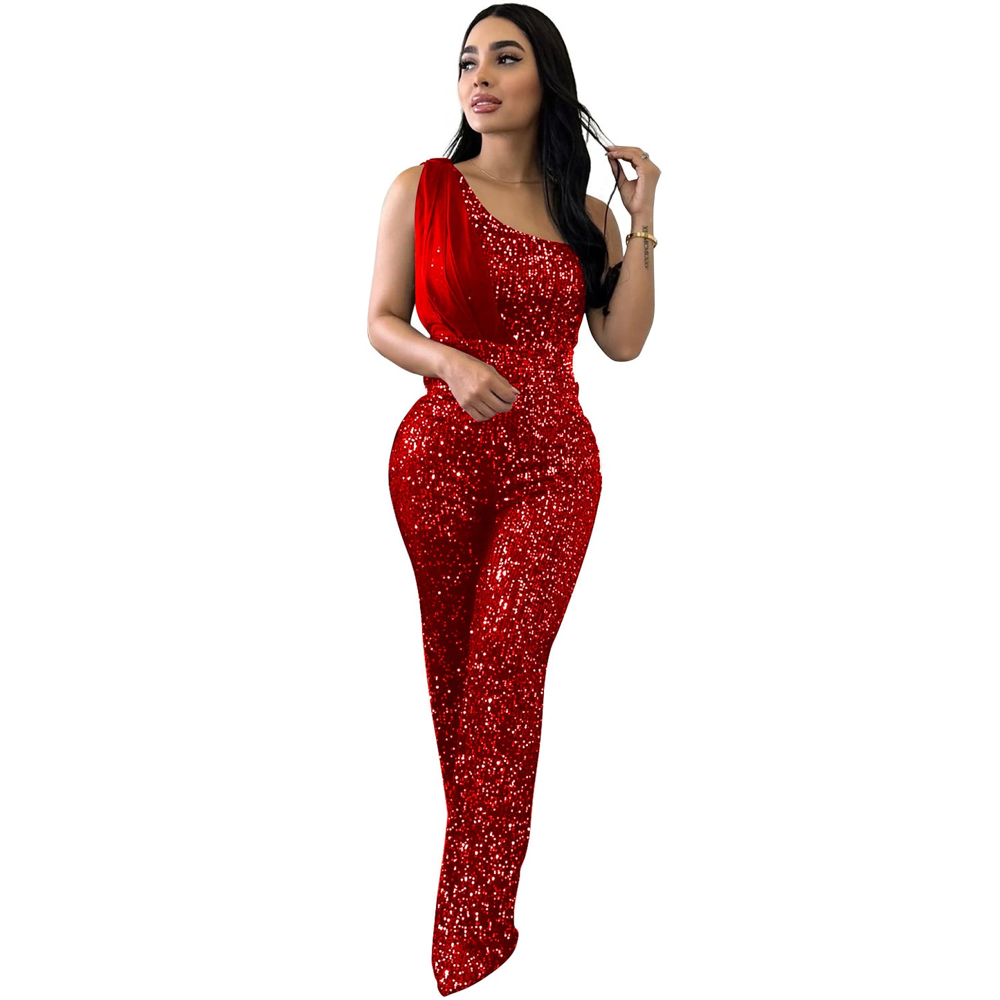 Women's Fashion Wear Solid Color Sleeveless Sequined Jumpsuits