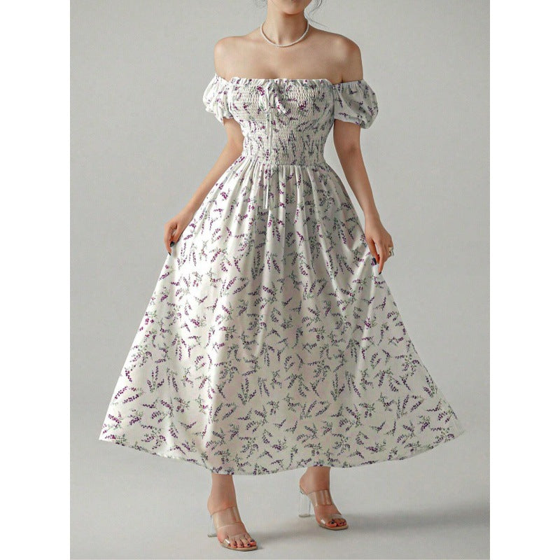 Square Collar Puff Sleeve Printed Elegant Dress
