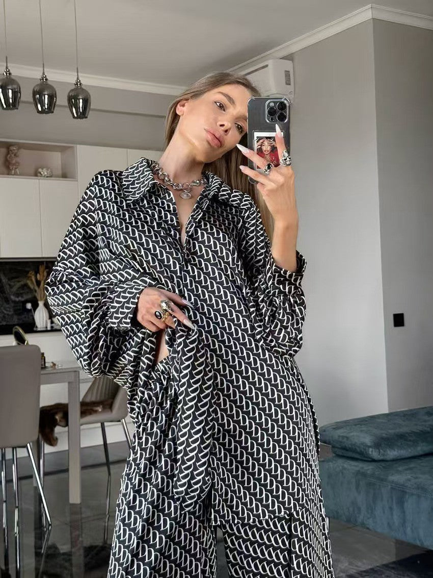 Women's Printed Loose Comfortable Long Sleeve Trousers Suits