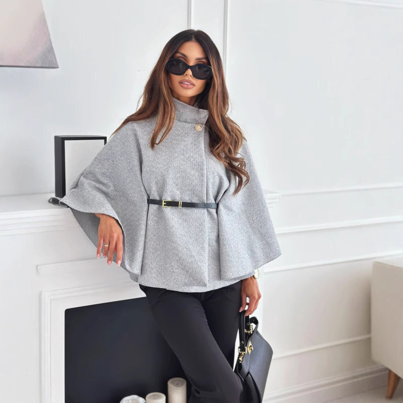Women's Solid Color Waist Tight Strap Woolen Coats