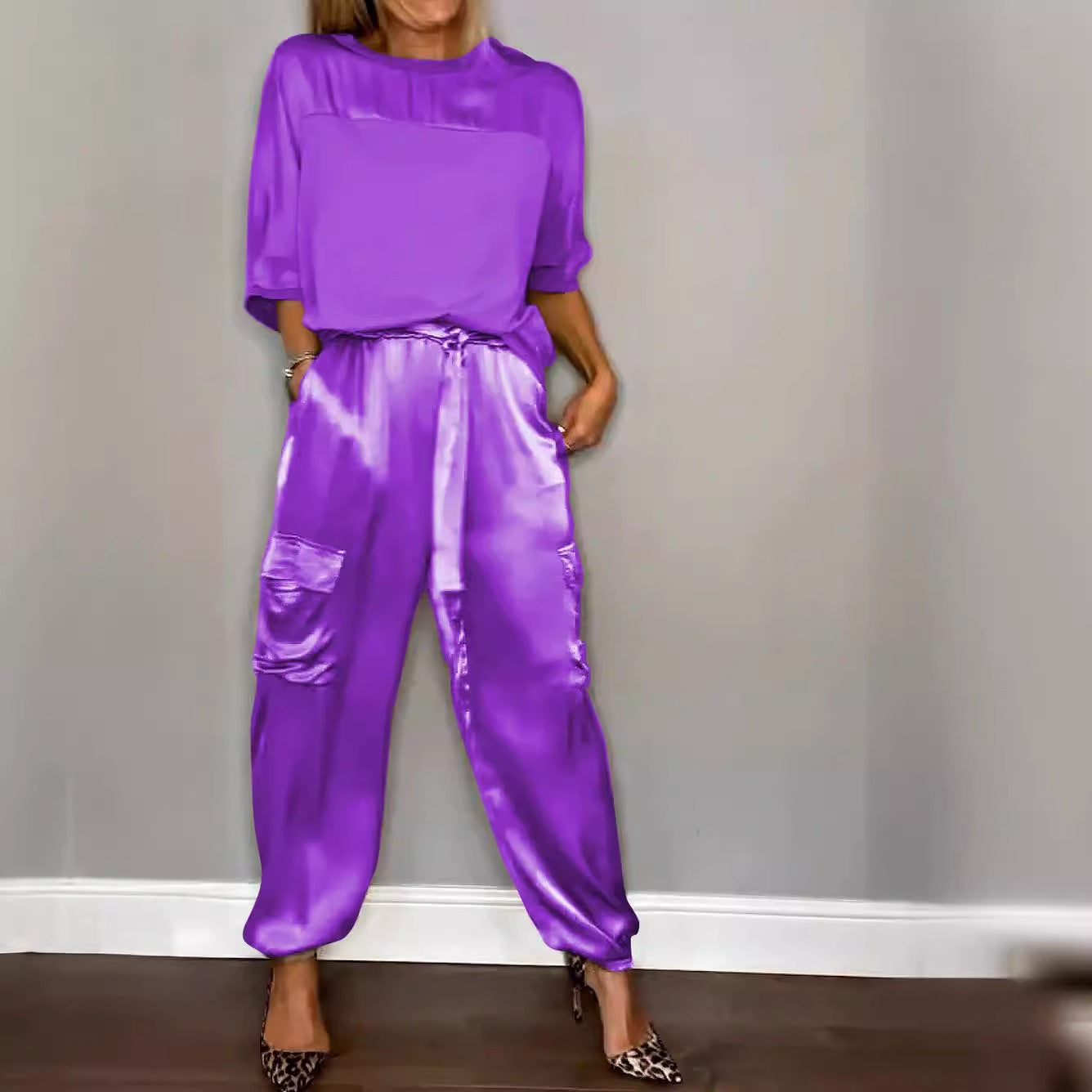 Women's Fashion Smooth Satin Half Sleeve Two-piece Suits