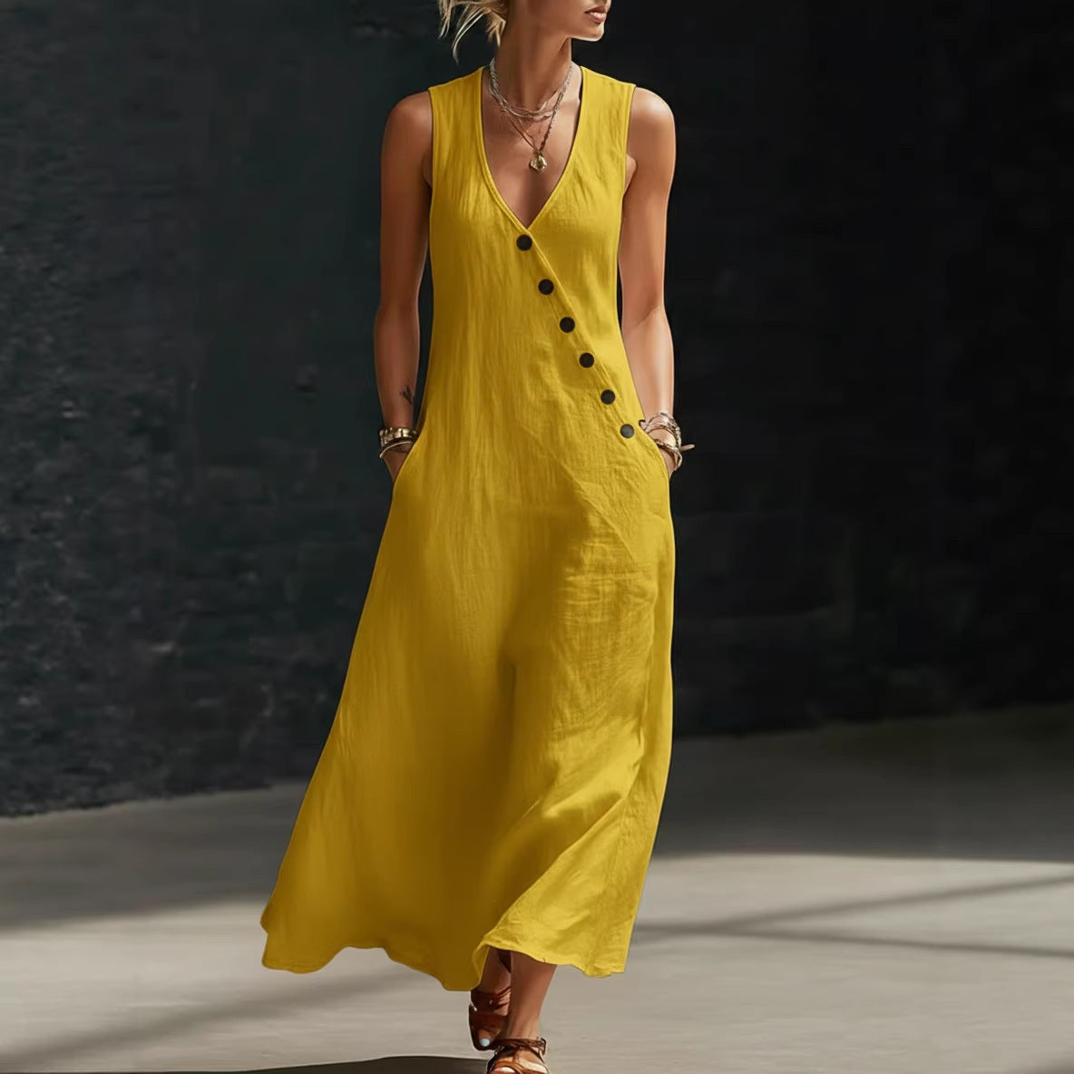 Idle Style Double-breasted Cotton Linen Sleeveless Dress