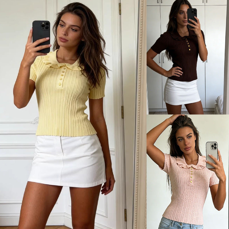 Casual Vacation Style Doll Collar Thread Button Sleeve Slim Women's Sweater