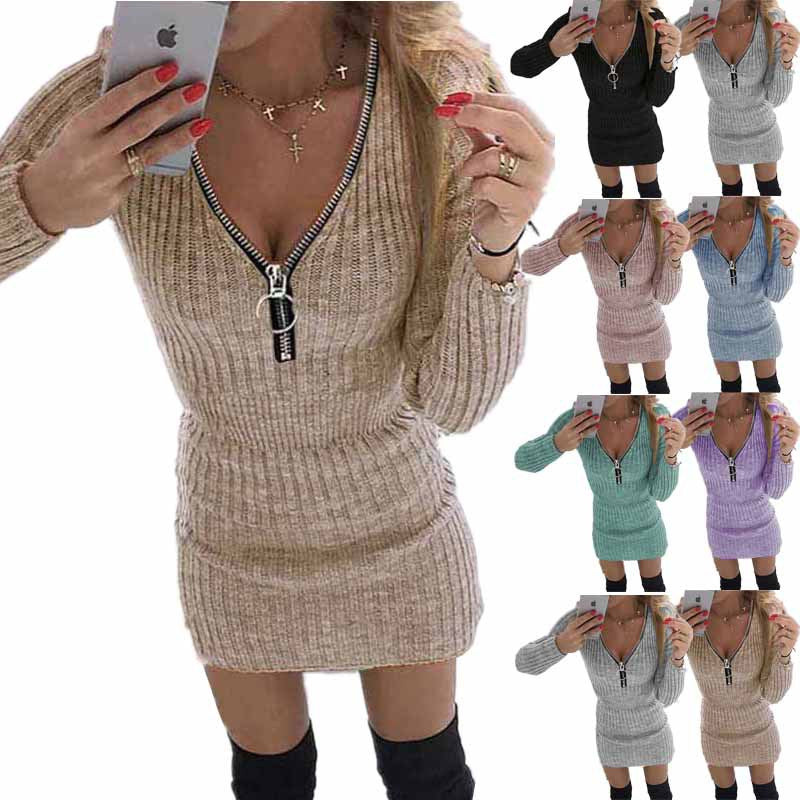 Women's Zipper Long Sleeves Knitted Sheath Dress