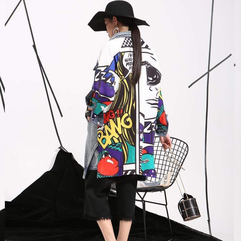 Women's Denim Trench Fashionable Image Drawing Creative Coats