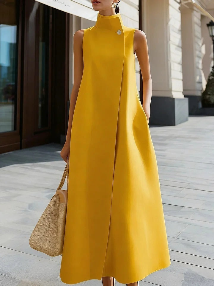 Elegant Commuter Stand Collar One Button Solid Color Dress