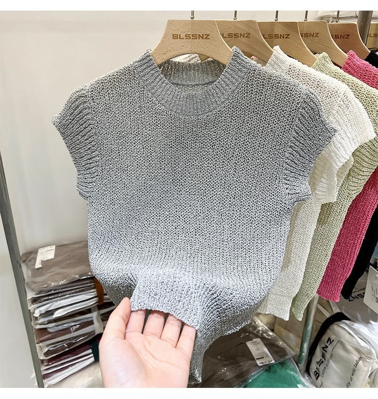Women's European Goods Short-sleeved Summer Silk Ice Design Sleeveless Solid Women's Sweater