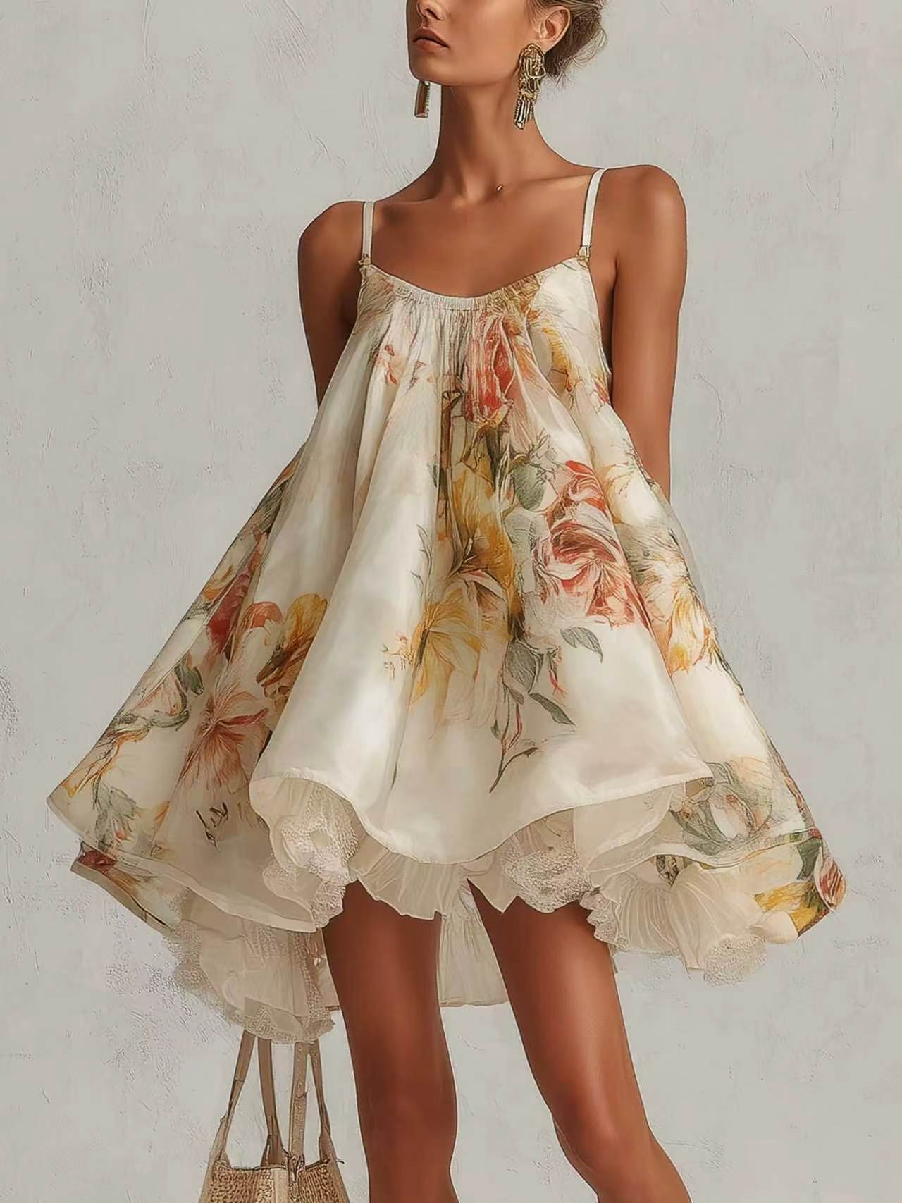 Women's Large Flower Loose Suspenders Puff French Lace Irregular Dress