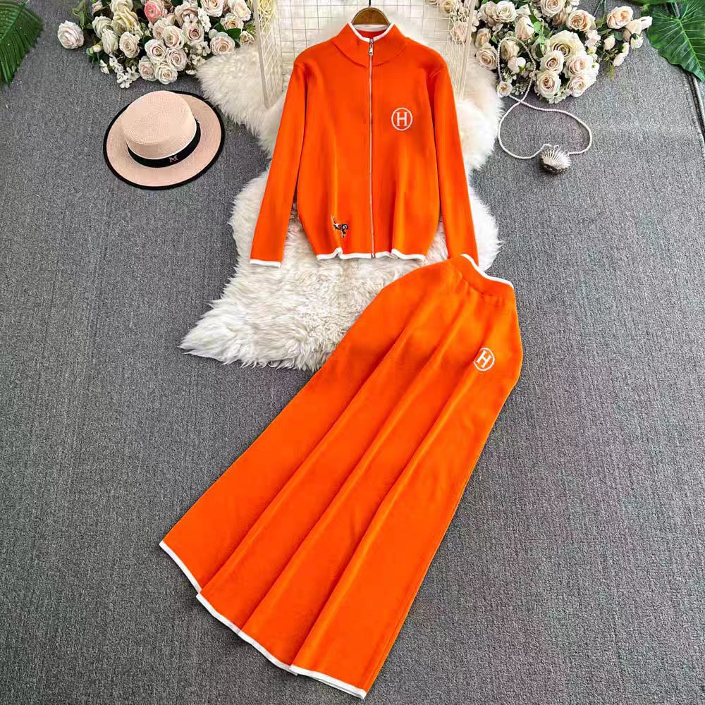 Women's Zipper Embroidered Long-sleeved Two-piece High Waist Suits
