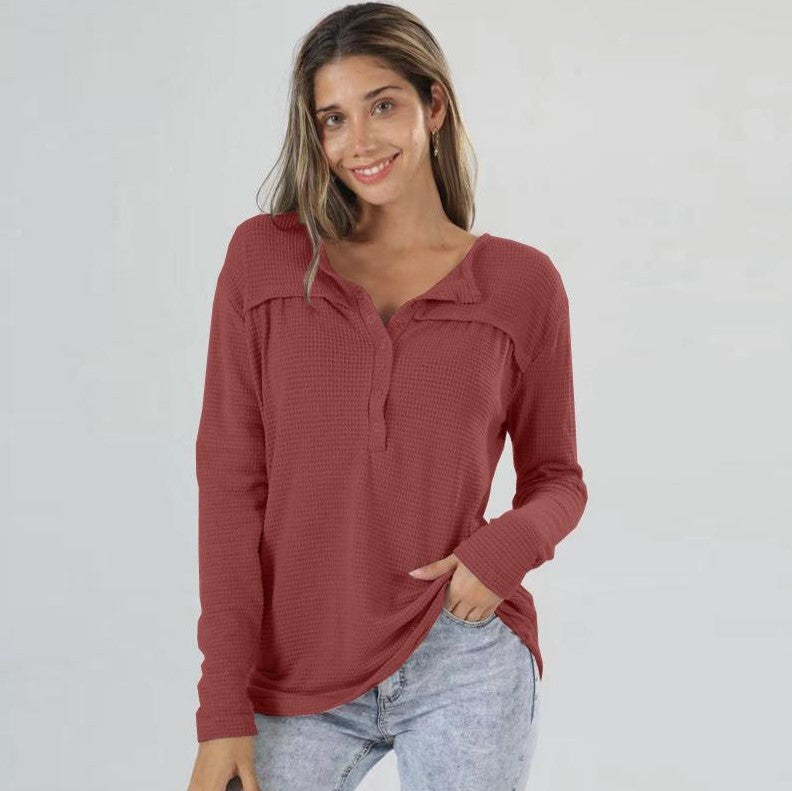 Women's Waffle Autumn Loose Button Long Sleeve Tops