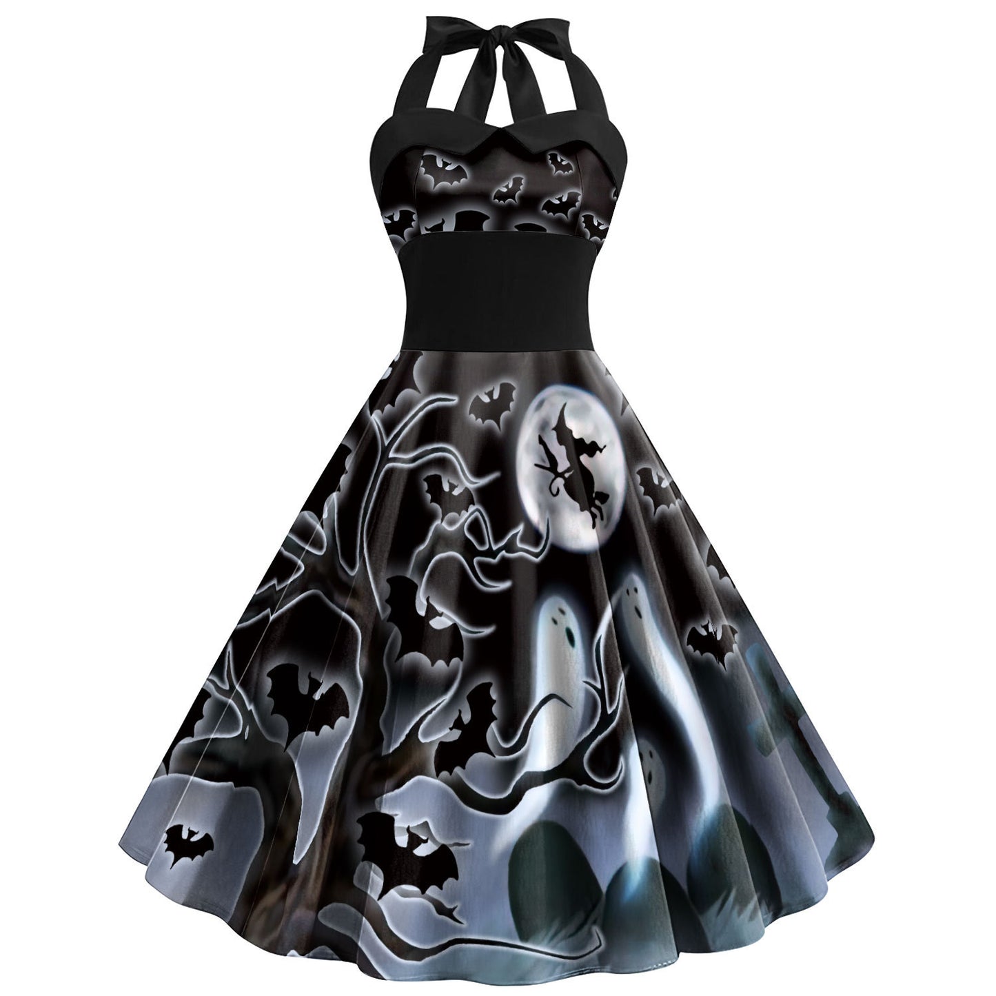 Women's Skull Cobweb Printed Tied Shoulder Strap High-waisted Dress