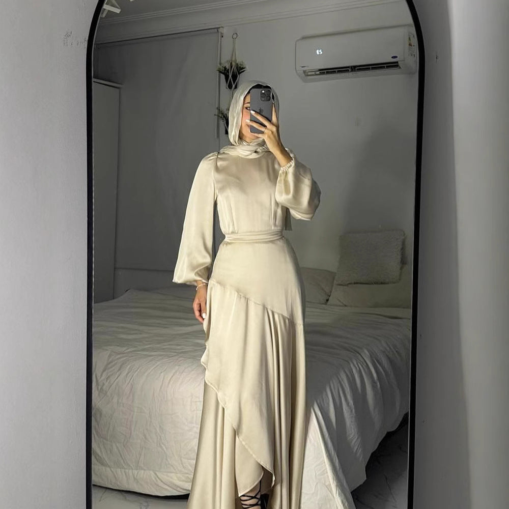 Women's Wear Satin Pure Color Ruffles Large Dresses