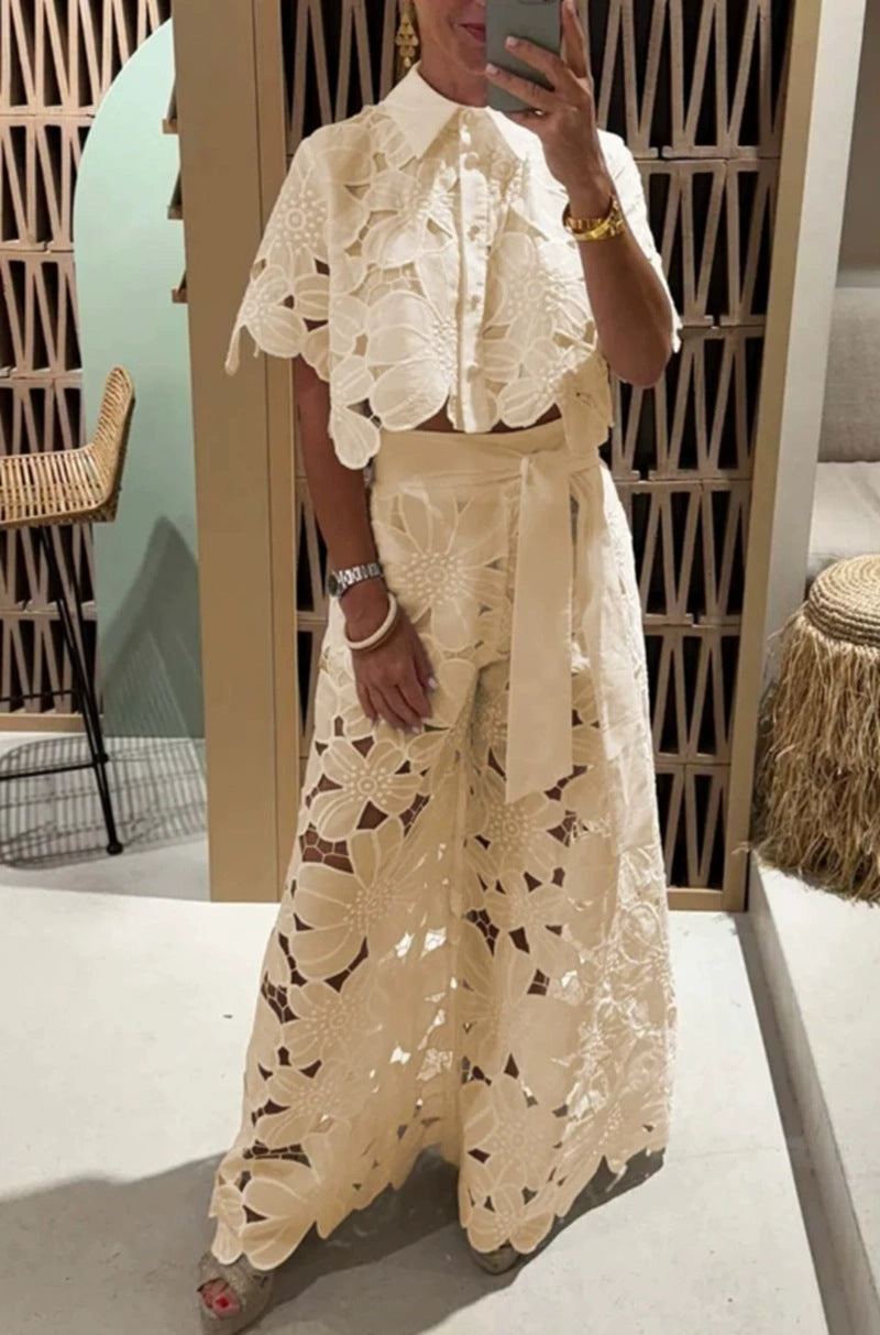Summer Hollowed Leisure Lace Shirt Trousers Suits
