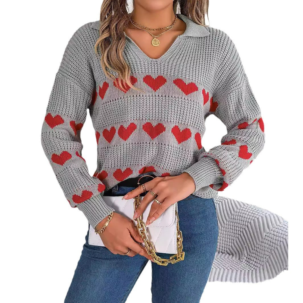 Women's Casual Heart Collar Lantern Sleeve Contrast Color Sweaters