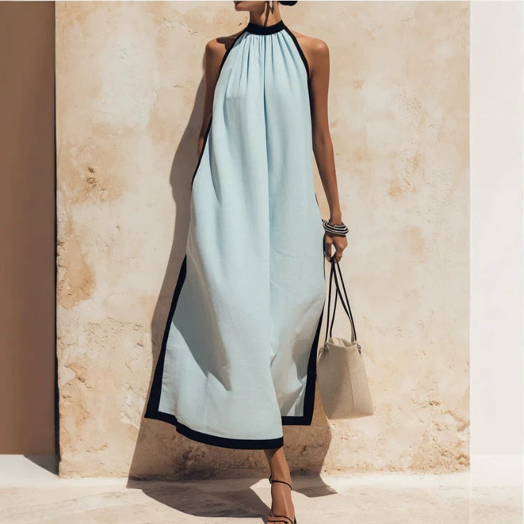 Women's Vacation Style Idle Travel Cotton Linen Contrast Dress
