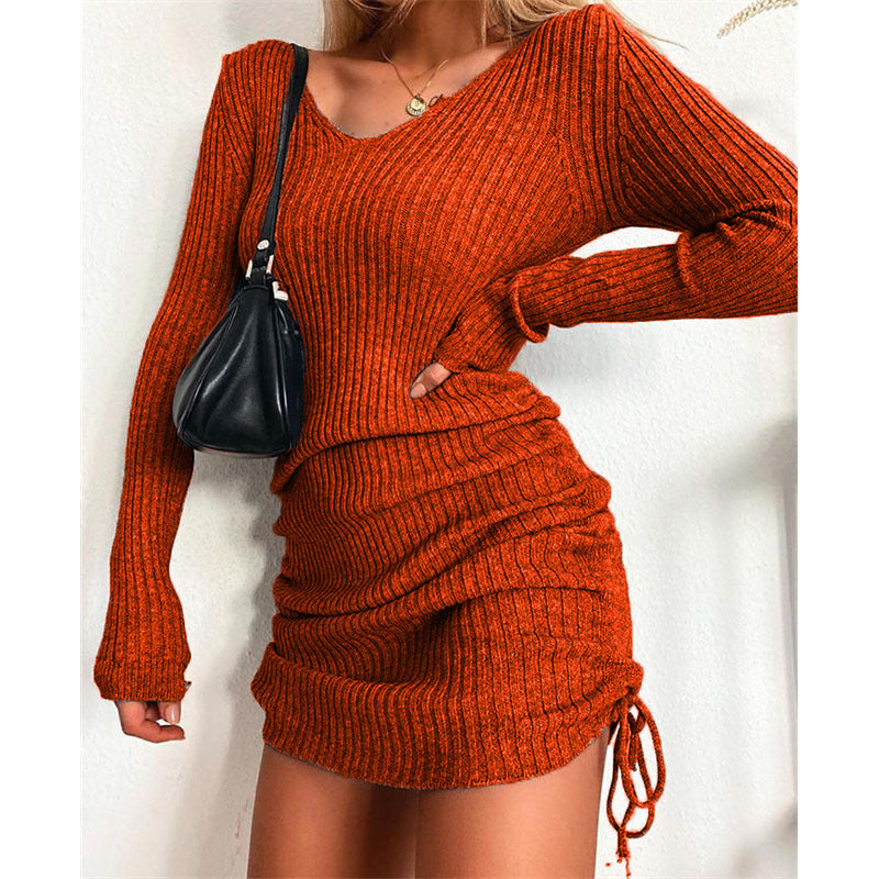 Sleeve Sexy Slim Thread Pleated Drawstring Dress