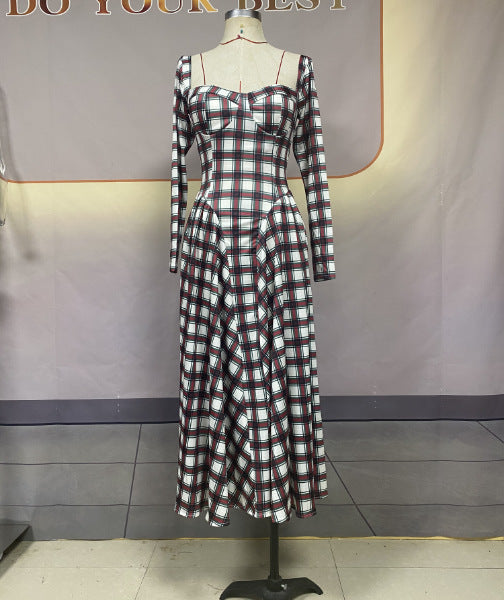 Women's Collar Plaid Long Sleeve Slim Fit Dresses