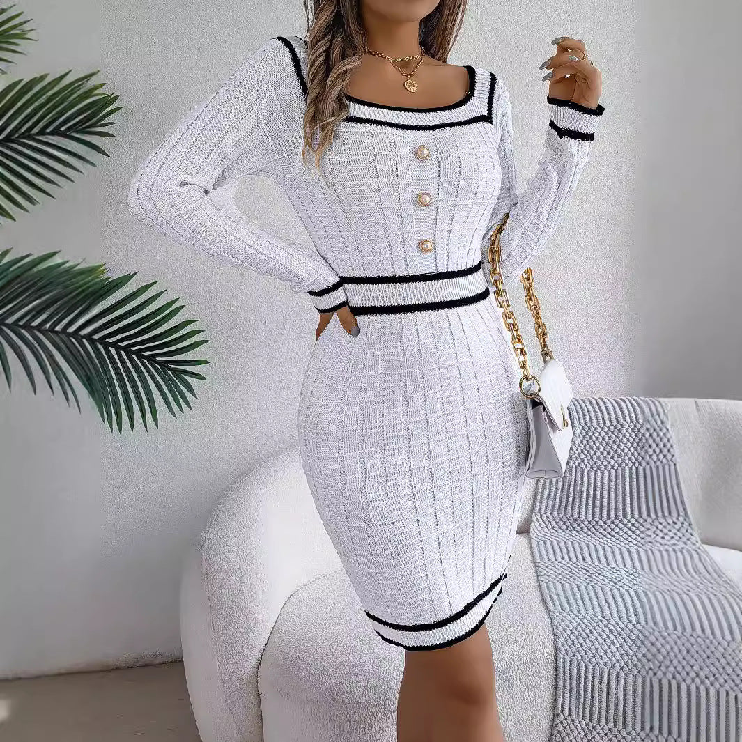 Women's Elegant Square Collar Button Long Sleeve Clothing