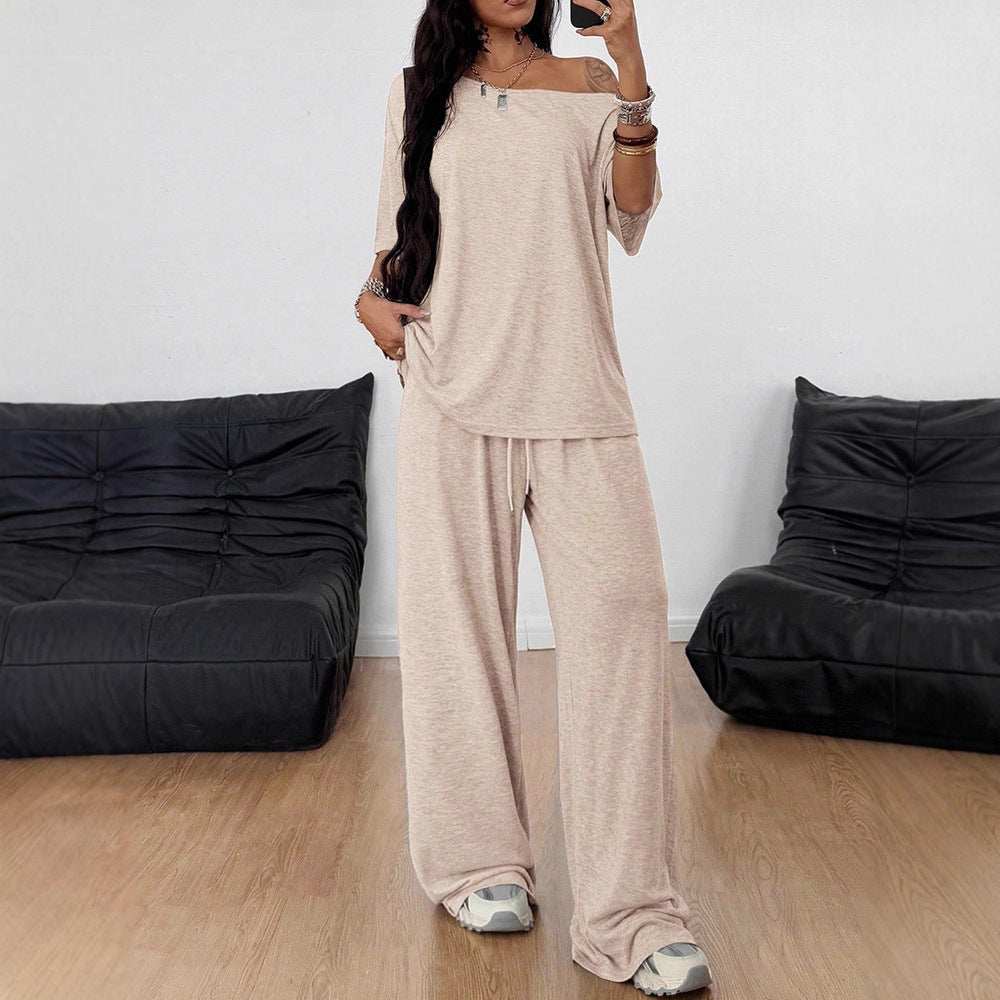 Women's Diagonal Collar Wide Leg Solid Color Sports Two-piece Loose Suits